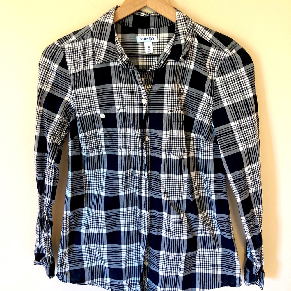 Old Navy Plaid Long Sleeve Black White Plaid Casual Shirt Blouse Top XS